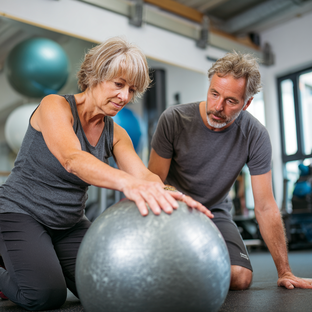 Тренер віком 52 років індивідуально працює з клієнткою 60 років, показуючи правильну техніку виконання вправи з фітболом