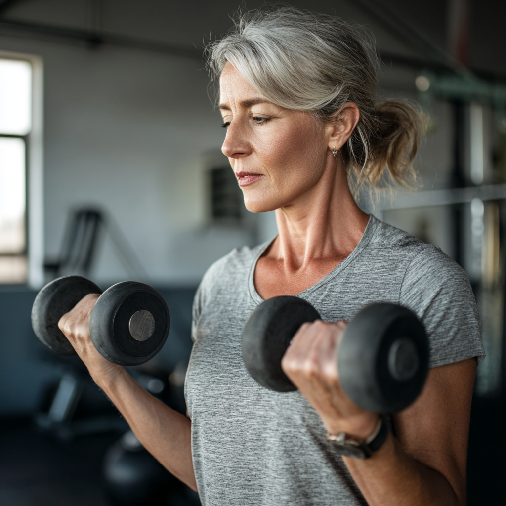 Жінка віком 55 років виконує силові вправи з гантелями у фітнес-залі, демонструючи правильну техніку та концентрацію