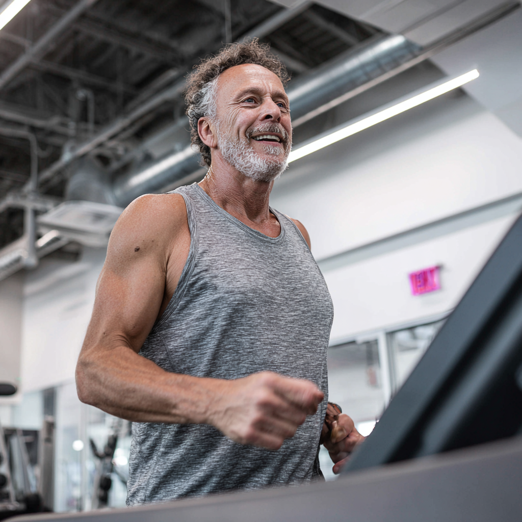 Чоловік віком 58 років на біговій доріжці у спортивному залі, підтримує стабільний темп бігу та виглядає енергійно