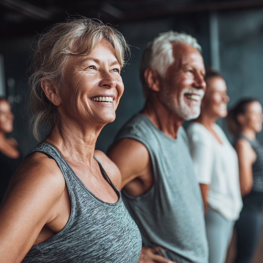 Група людей віком 50-60 років разом виконує групові фітнес-вправи, усміхаються та підтримують один одного під час тренування